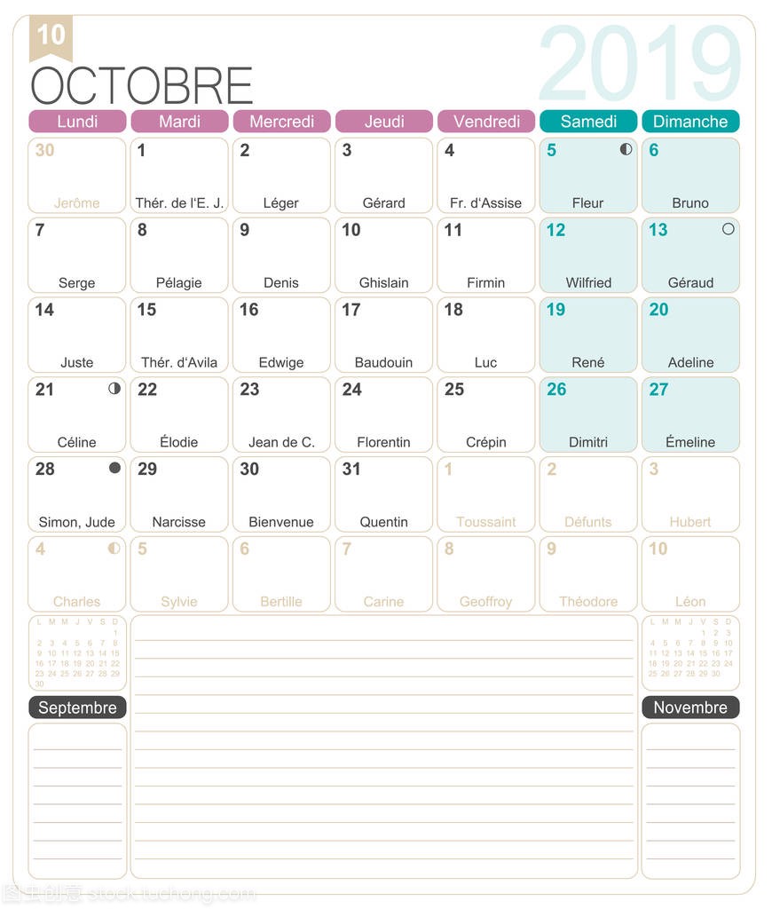 French calendar 2019 \/ October 2019, French p