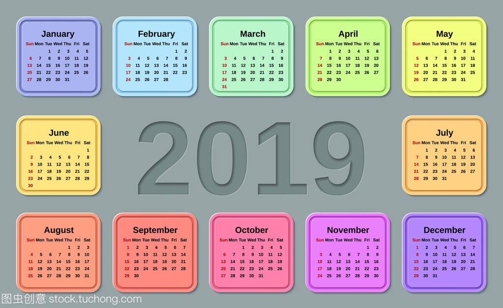 2019 Calendar. Week starts Sunday. Vector. Stationery 2019 template with months of the year. Yearly colorful calendar organizer for weeks.