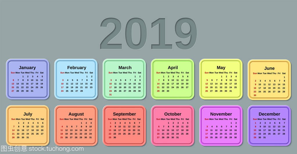 2019 Calendar. Week starts Sunday. Vector. Stationery 2019 template with months of the year. Yearly colorful calendar organizer for weeks on gray background.