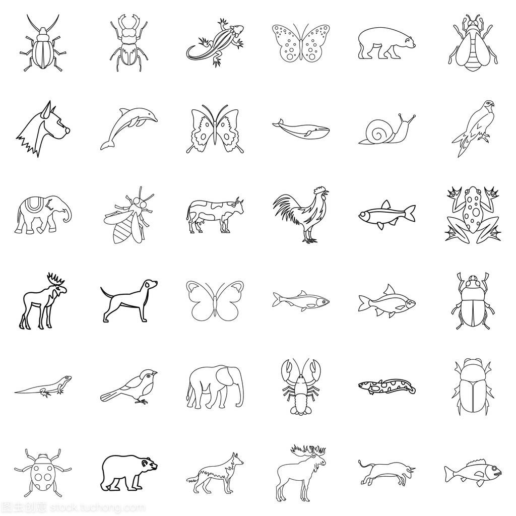 Wild life icons set. Outline style of 36 wild life ve