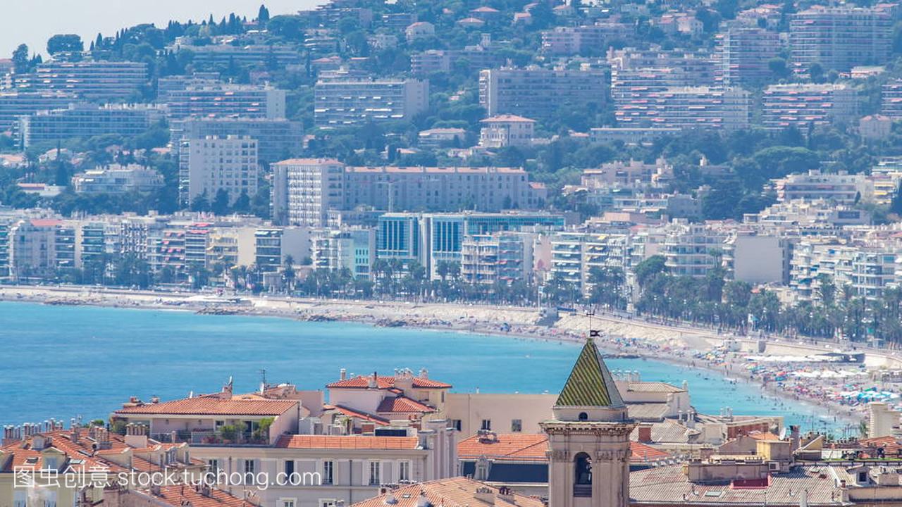 尼斯海滩天风景空中俯视图时差, 法国。尼斯海