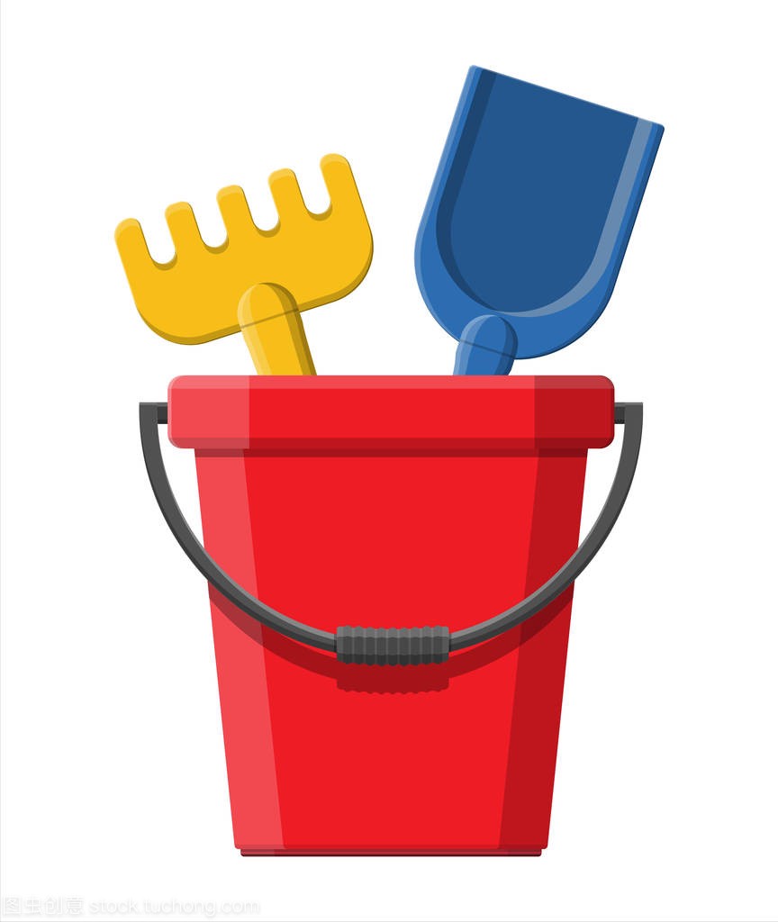 Plastic bucket with rake and shovel