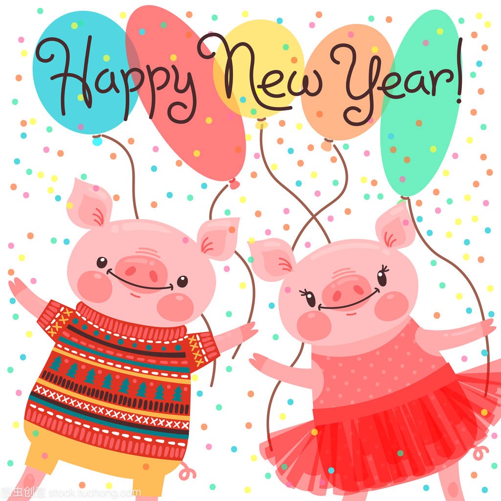 y 2019 New Year card. Couple of funny piglets 