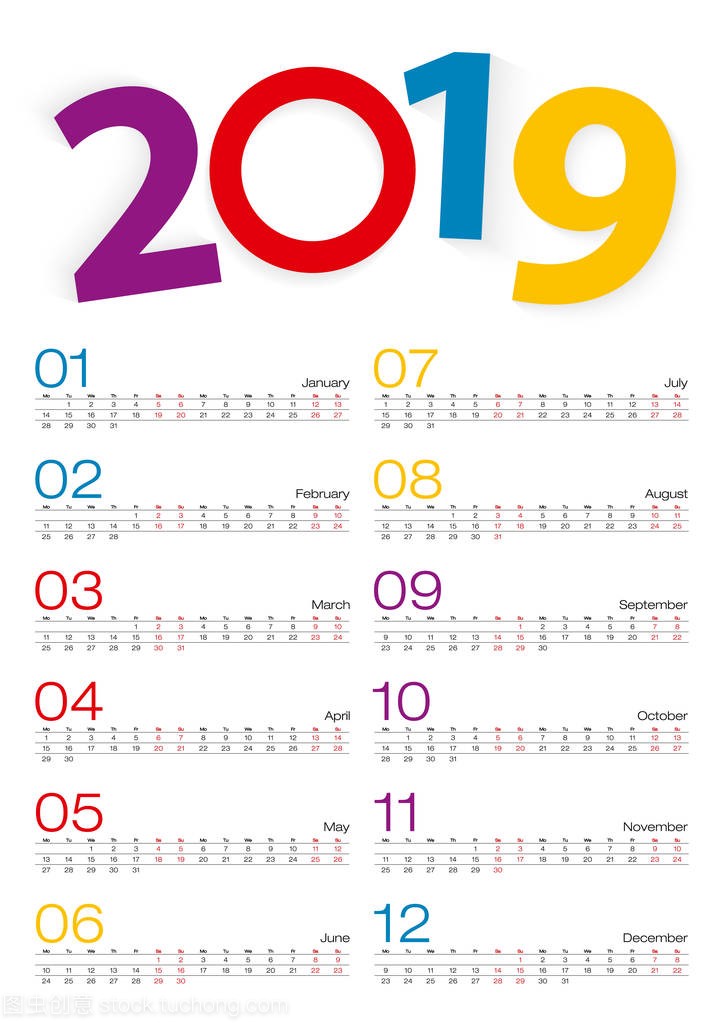 Calendar 2019, All month, 2 weeks line. Vector