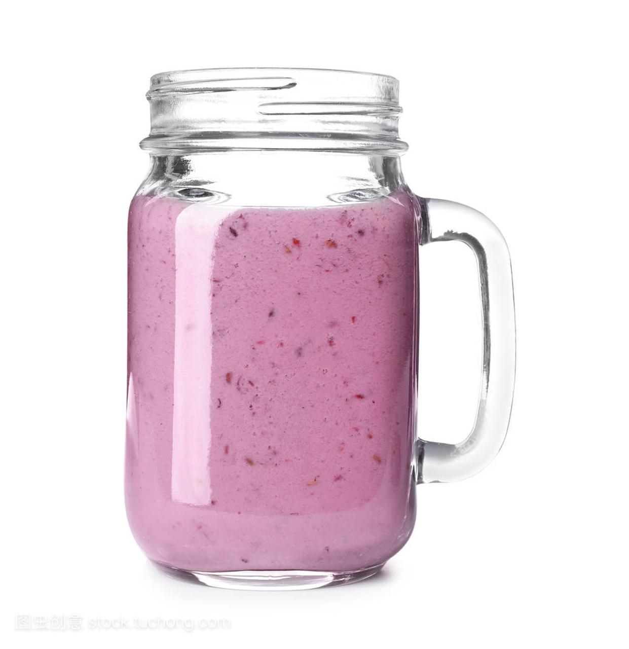 Mason jar with blackberry yogurt smoothie on w