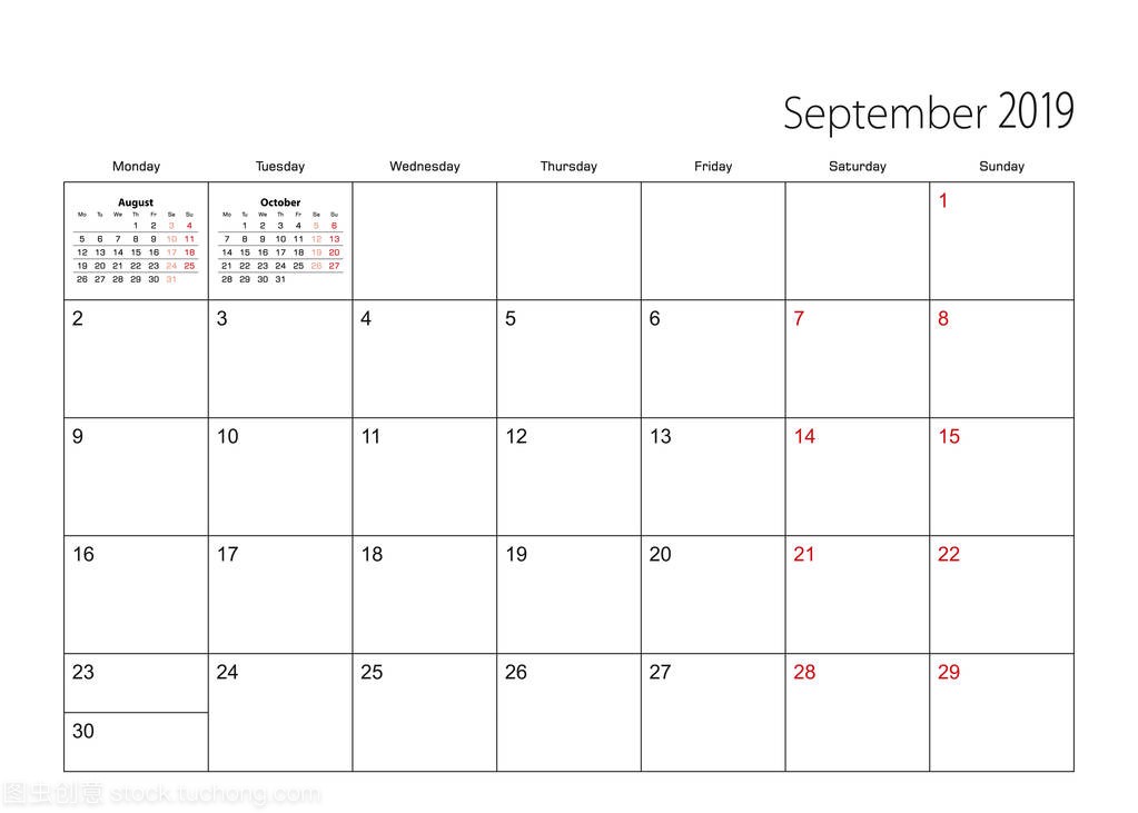 September 2019 simple calendar planner, wee