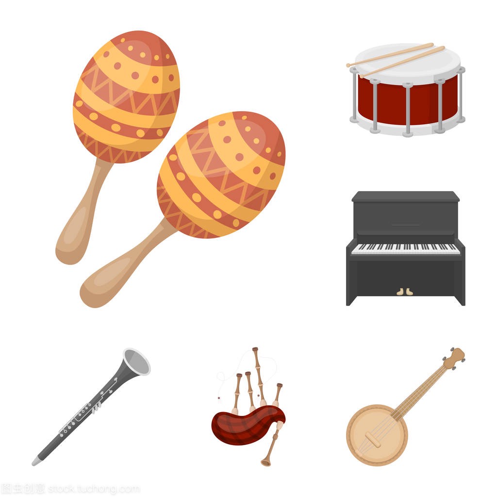 音乐乐器卡通图标集合中的设计。弦和管乐器矢