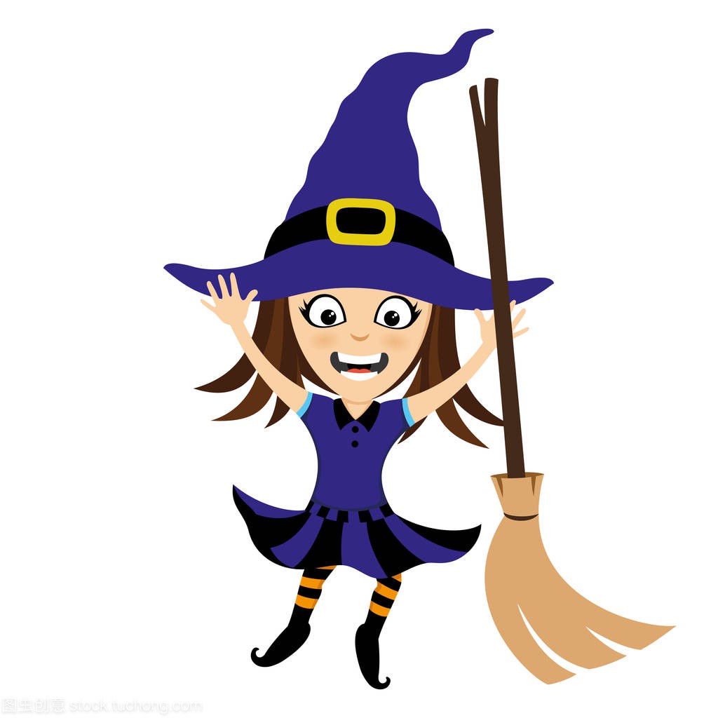 Cheerful witch with a broom on a white background.
