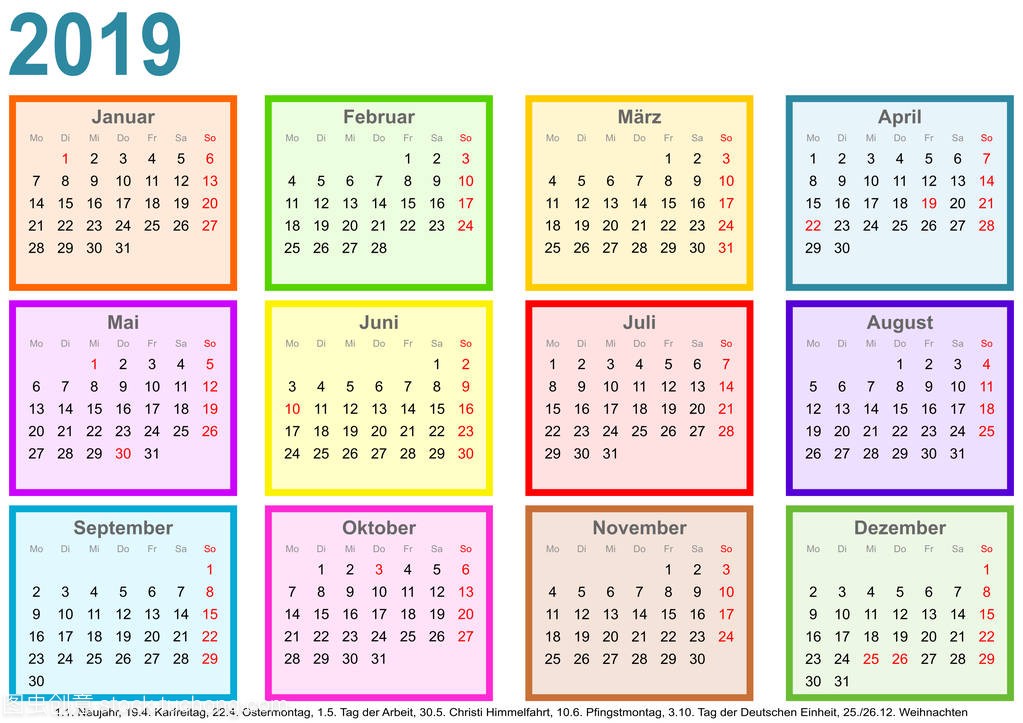 Calendar 2019, each month in a differently colored square and markings of public holidays for Germany in a landscape format