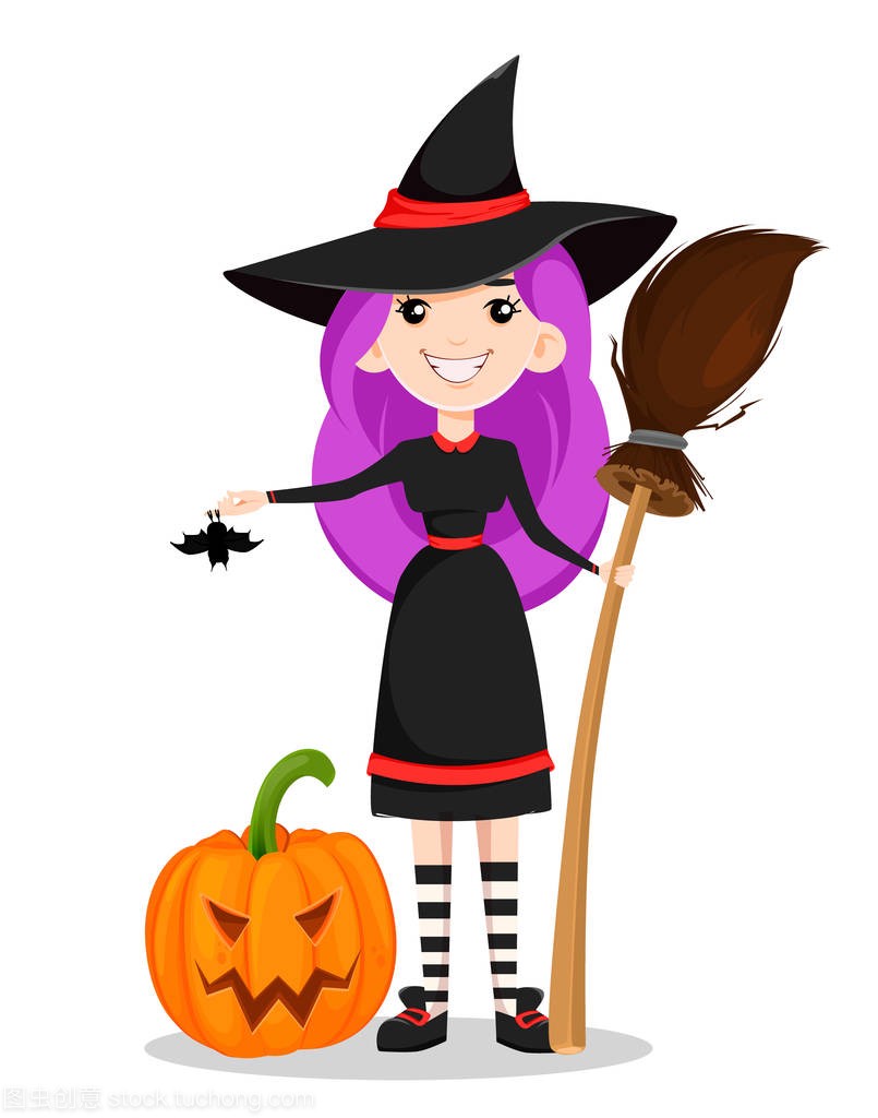Happy Halloween. Cute young witch with purple hair holding bat and broom and standing near scary pumpkin. Vector illustration on white background.