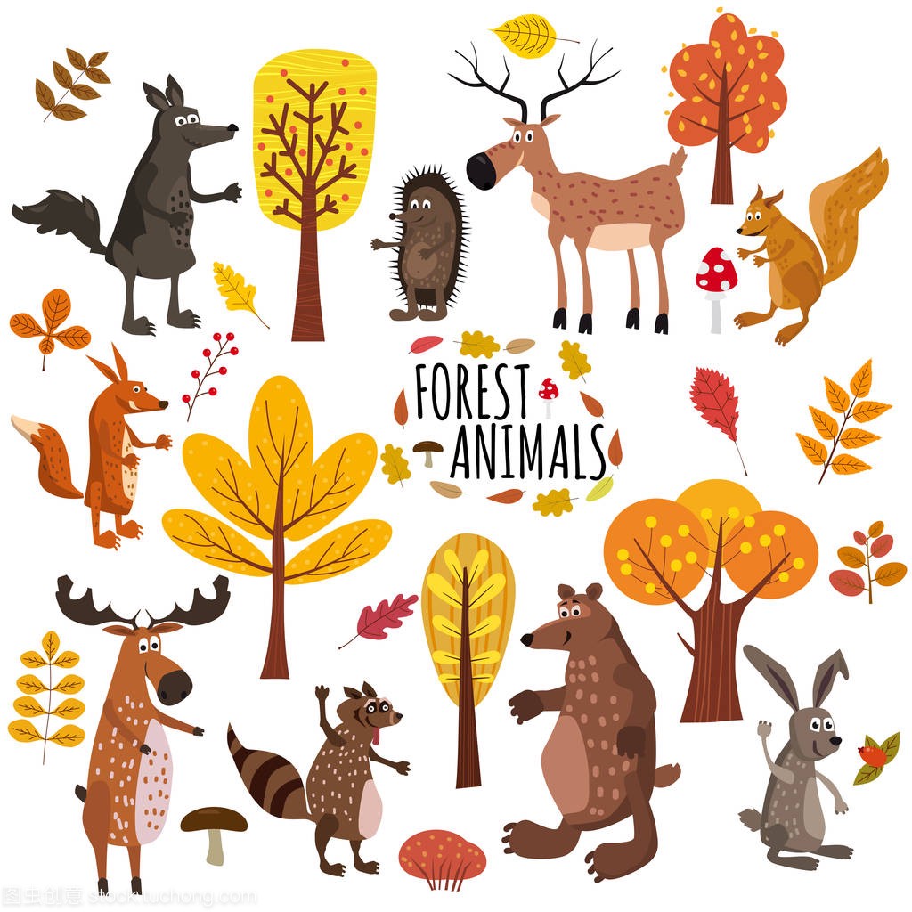 forest animals bear, raccoon, squirrel, hare