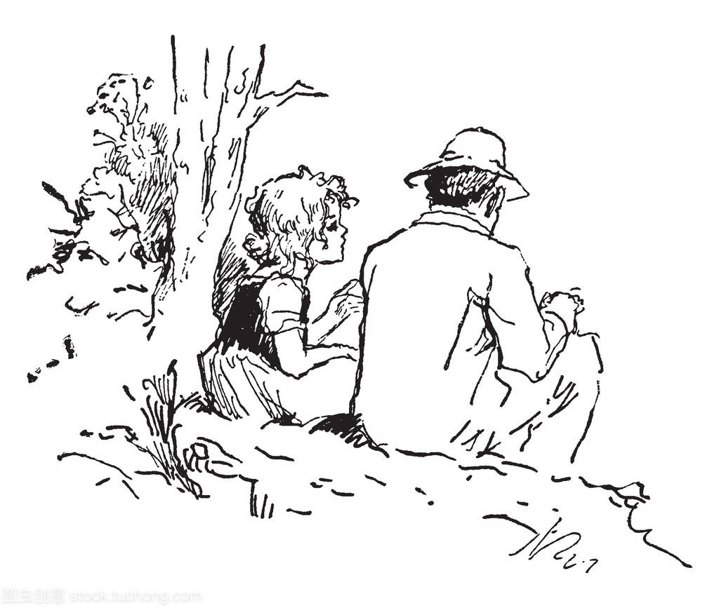 A man with little girl sitting near tree, vintage line