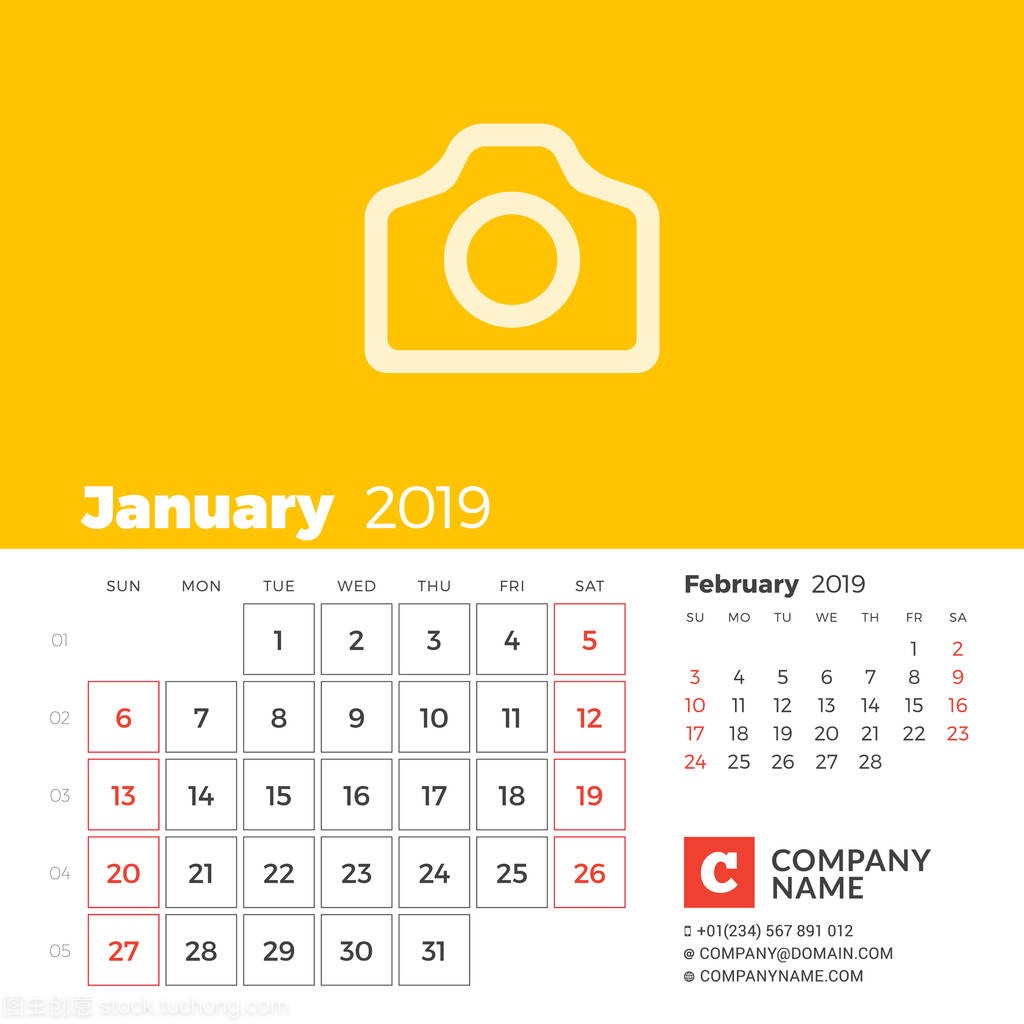 January 2019. Calendar for 2019 year. Week s