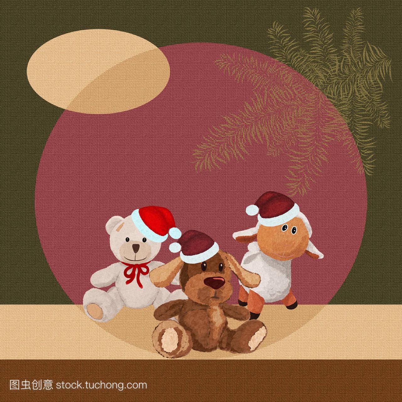 Plush puppy, lamb and bear, christmas backgro