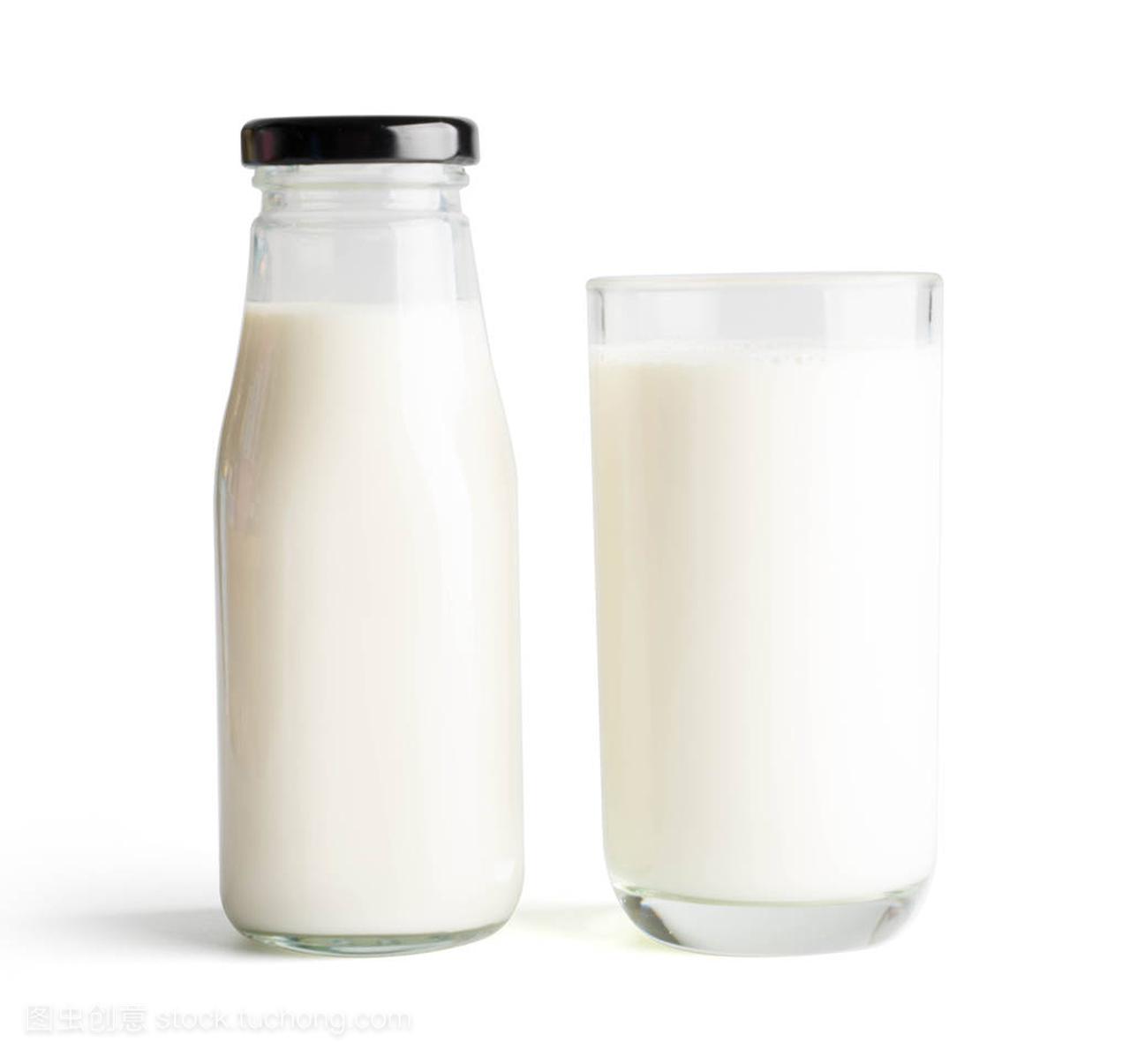 Milk bottle and milk glass on white background