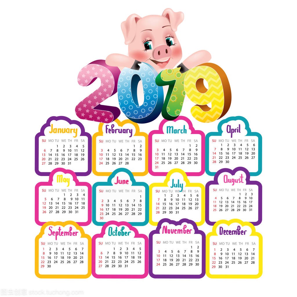 2019 calendar with cute pig, symbol of the year