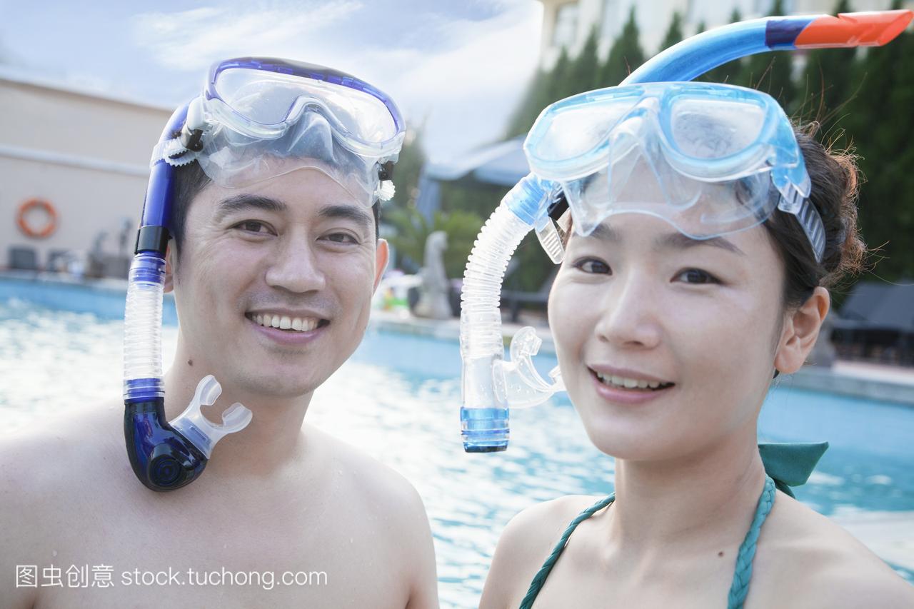 韩国人,轻松,青绿色,成年人,游泳池,通气管,女性