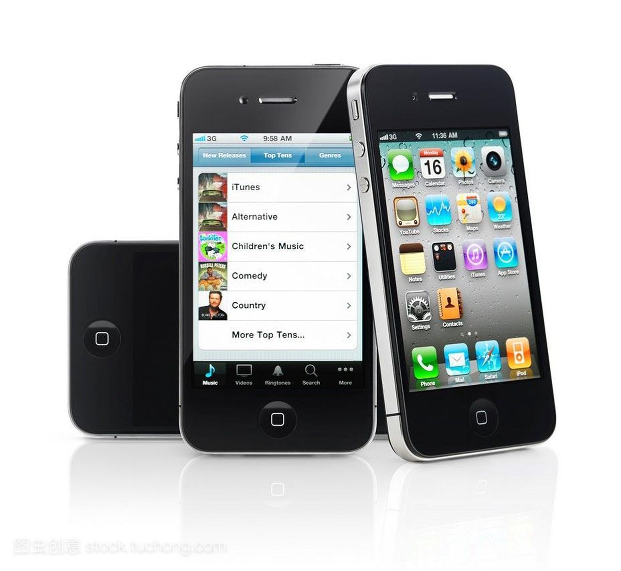 三款苹果iphone4智能手机一靠在白色背景高质
