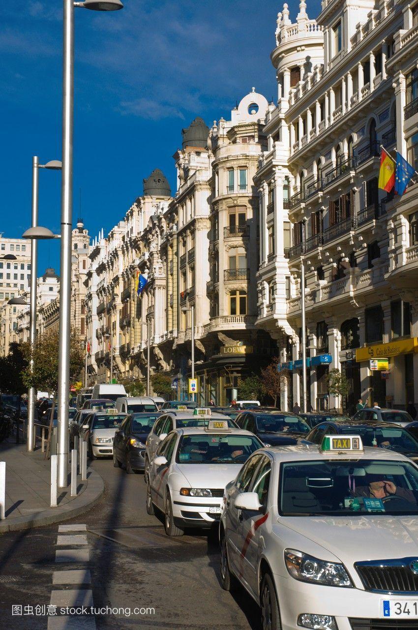 酱,中心,街道,蓝天,汽车,竖构图,旅行,马德里,西班