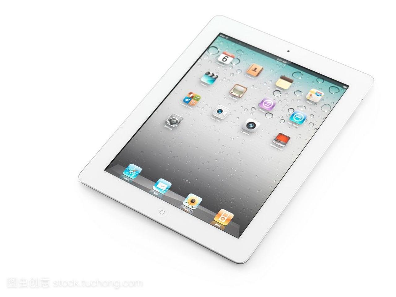 白色苹果ipad2平板电脑上的桌面图标,在白色背