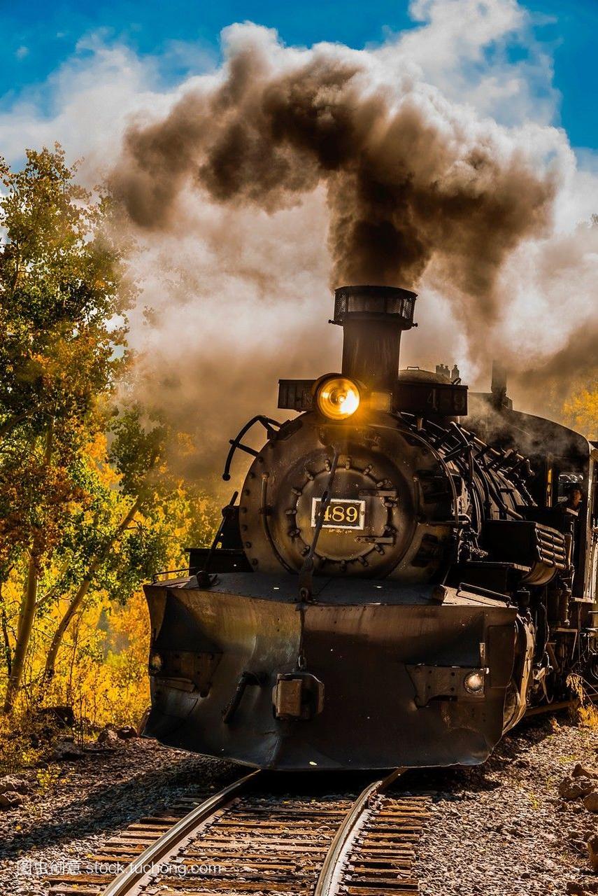 山峰和托尔铁克人风景列车把蒸汽机车穿过树林
