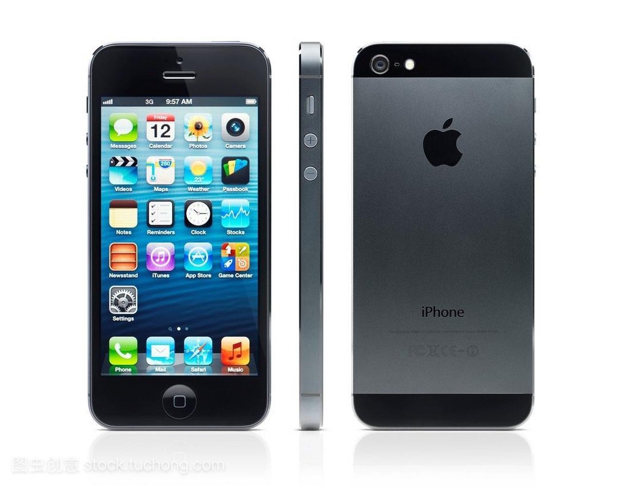 苹果iphone5黑色的桌面图标显示在屏幕上,后视