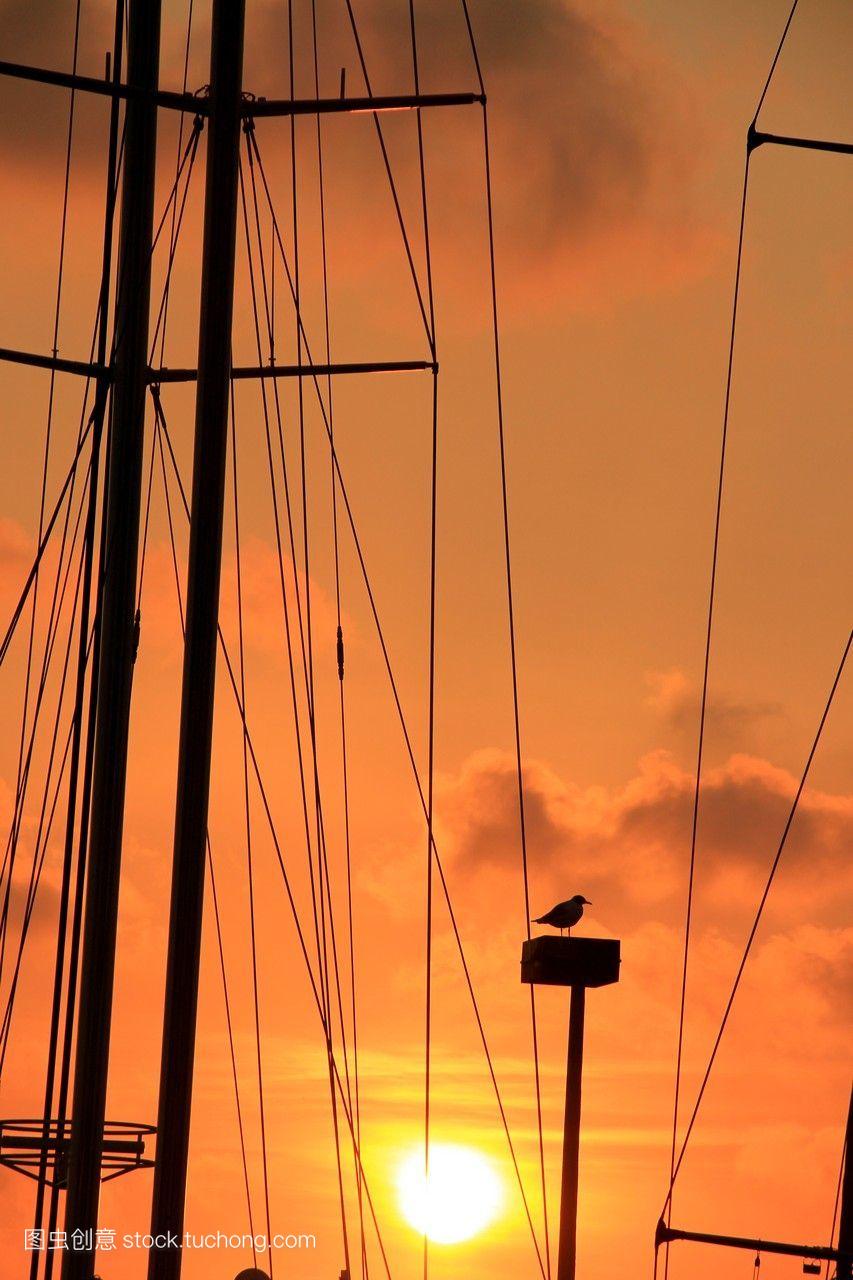 桅杆在夕阳中。Maremagnum区,港口好,巴塞罗
