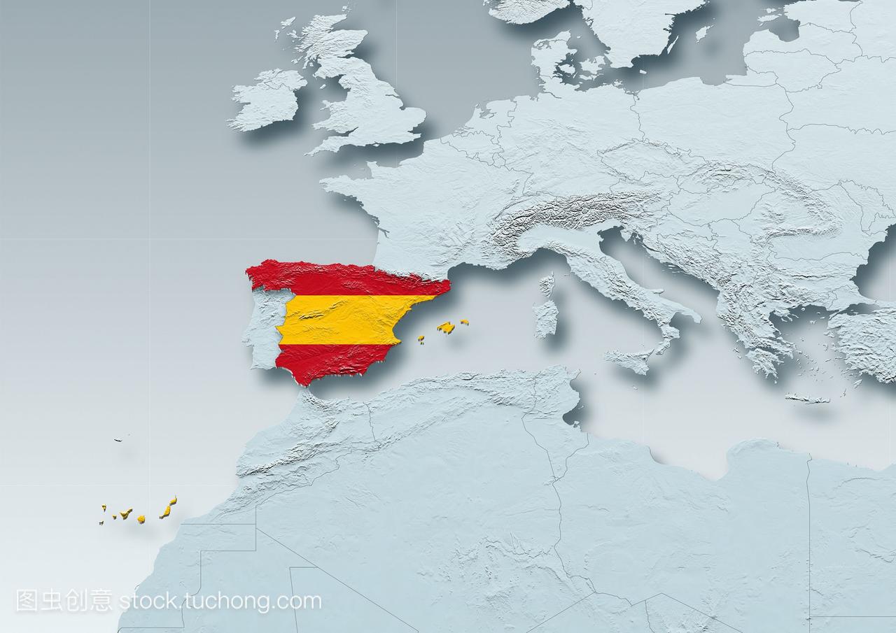 西班牙,国旗,地图,西欧,灰色,物理,政治