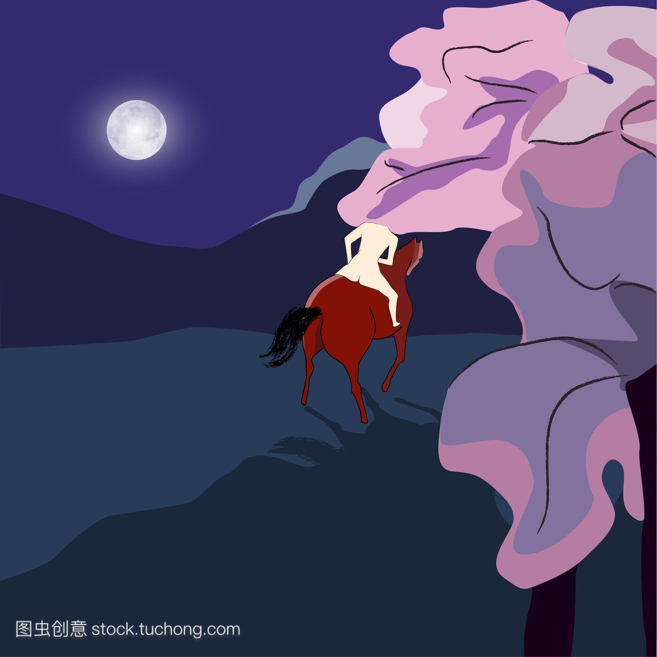一个人骑在一匹马的后方视图