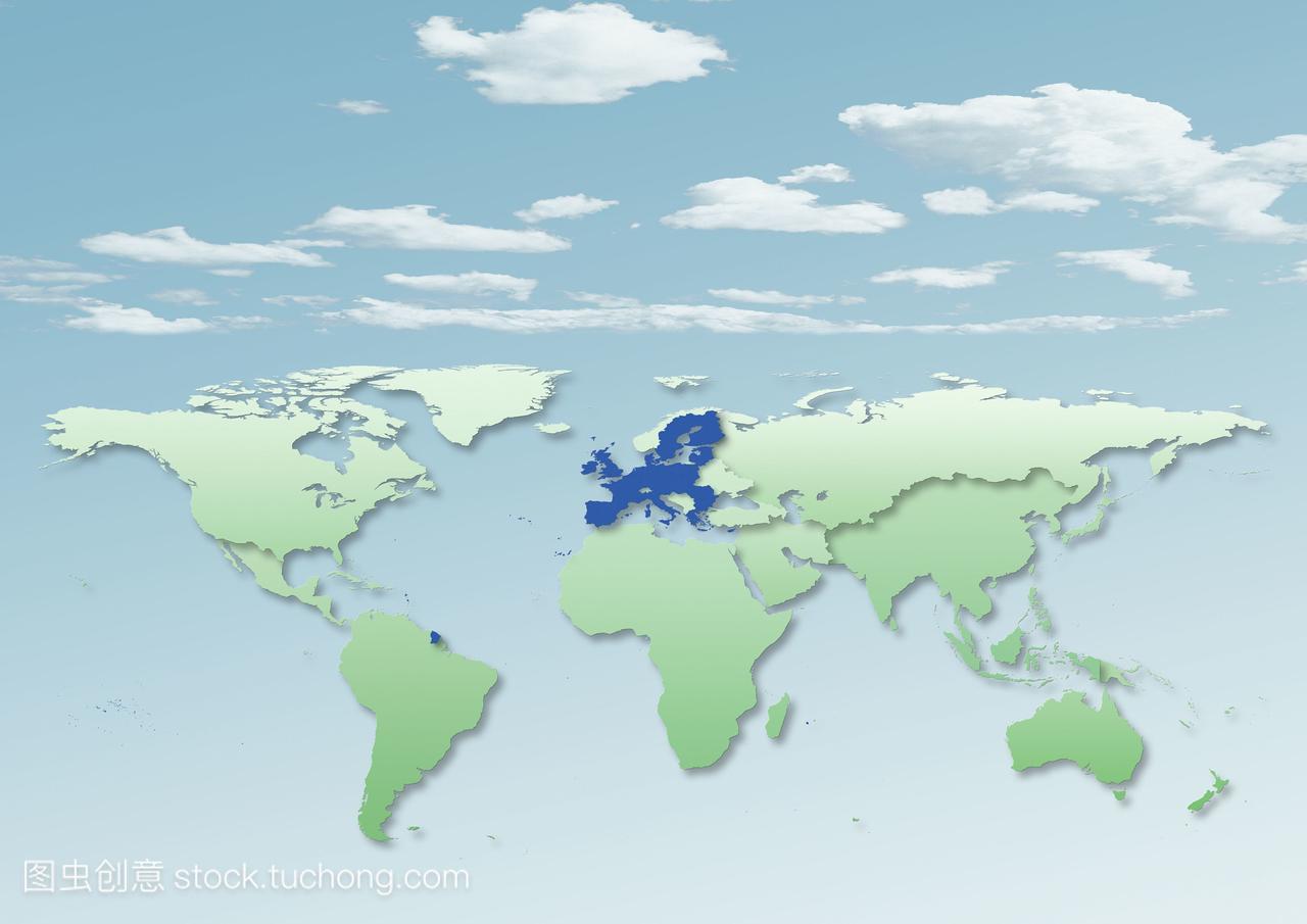 世界地图欧洲为中心大陆绿色蓝色云天空