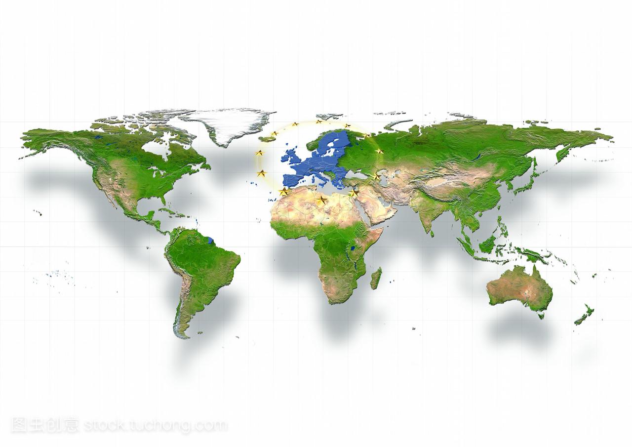 地图,世界,欧洲为中心,物理,白色,政治,欧盟的恒