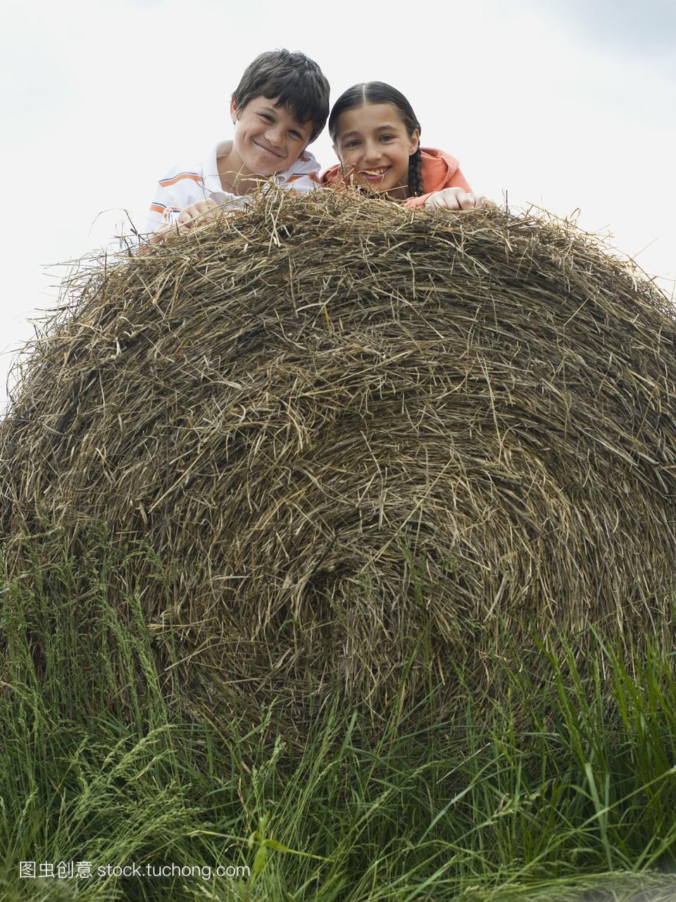 一个男孩和一个女孩躺在草堆上的画像