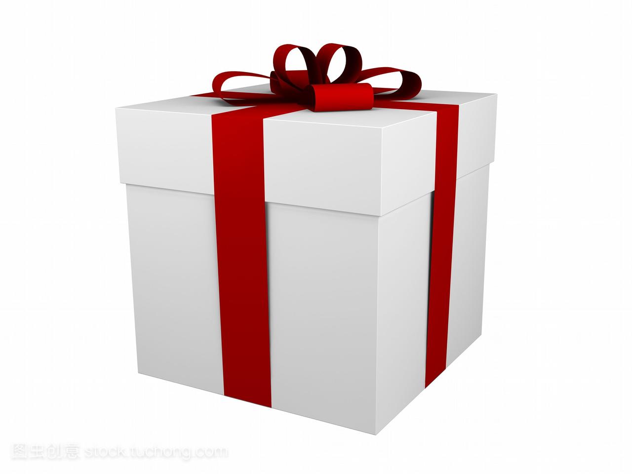 一个白色的礼品盒,带红丝带和蝴蝶结