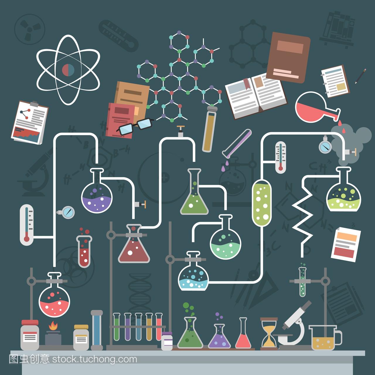 科学实验室概念的平面烧瓶和物理符号矢量插图