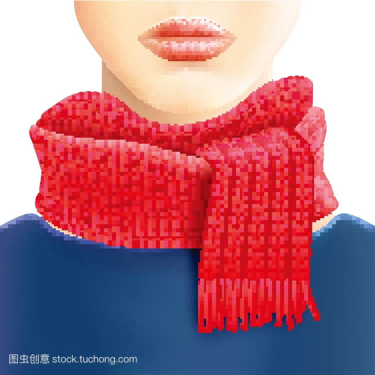 女人编织红领巾广告。女性时尚针织红围巾,店