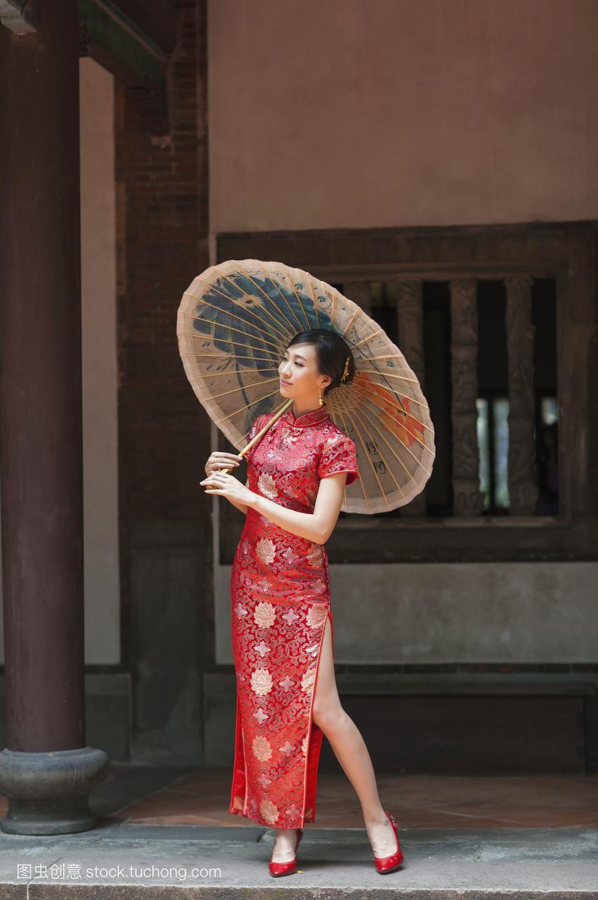 美丽,知识分子,中式,阳伞,仅一个年青女人,年青