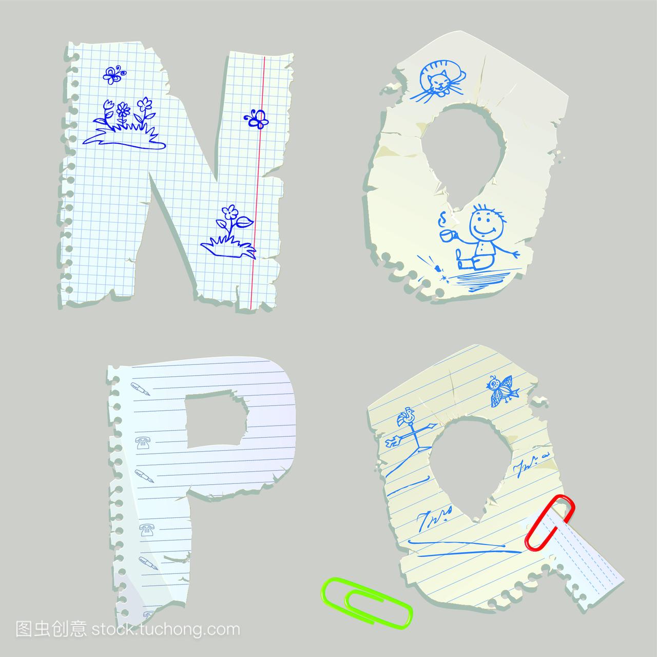 英文字母是用旧的纸做的,字母nopq