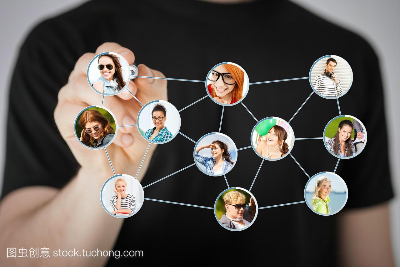 沟通和社交网络概念--人在虚拟scneen上绘制社