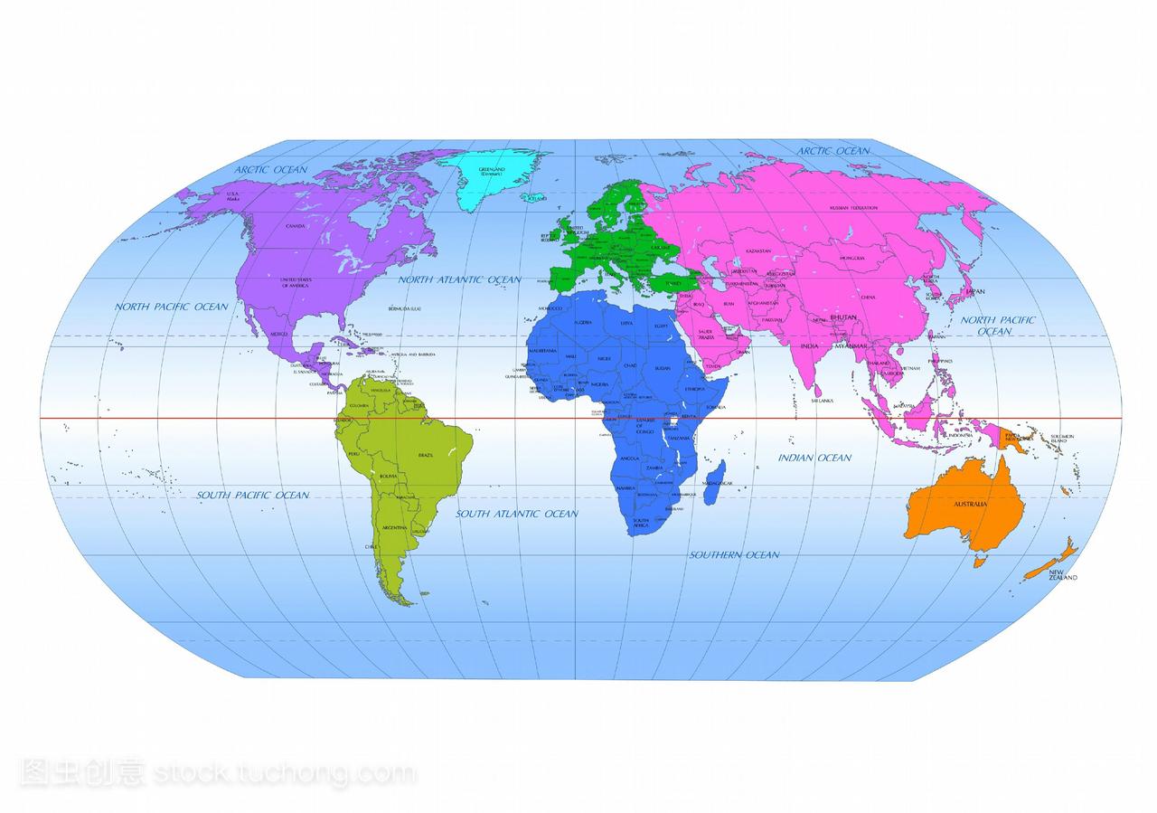 全球地图,有名字和颜色的大陆