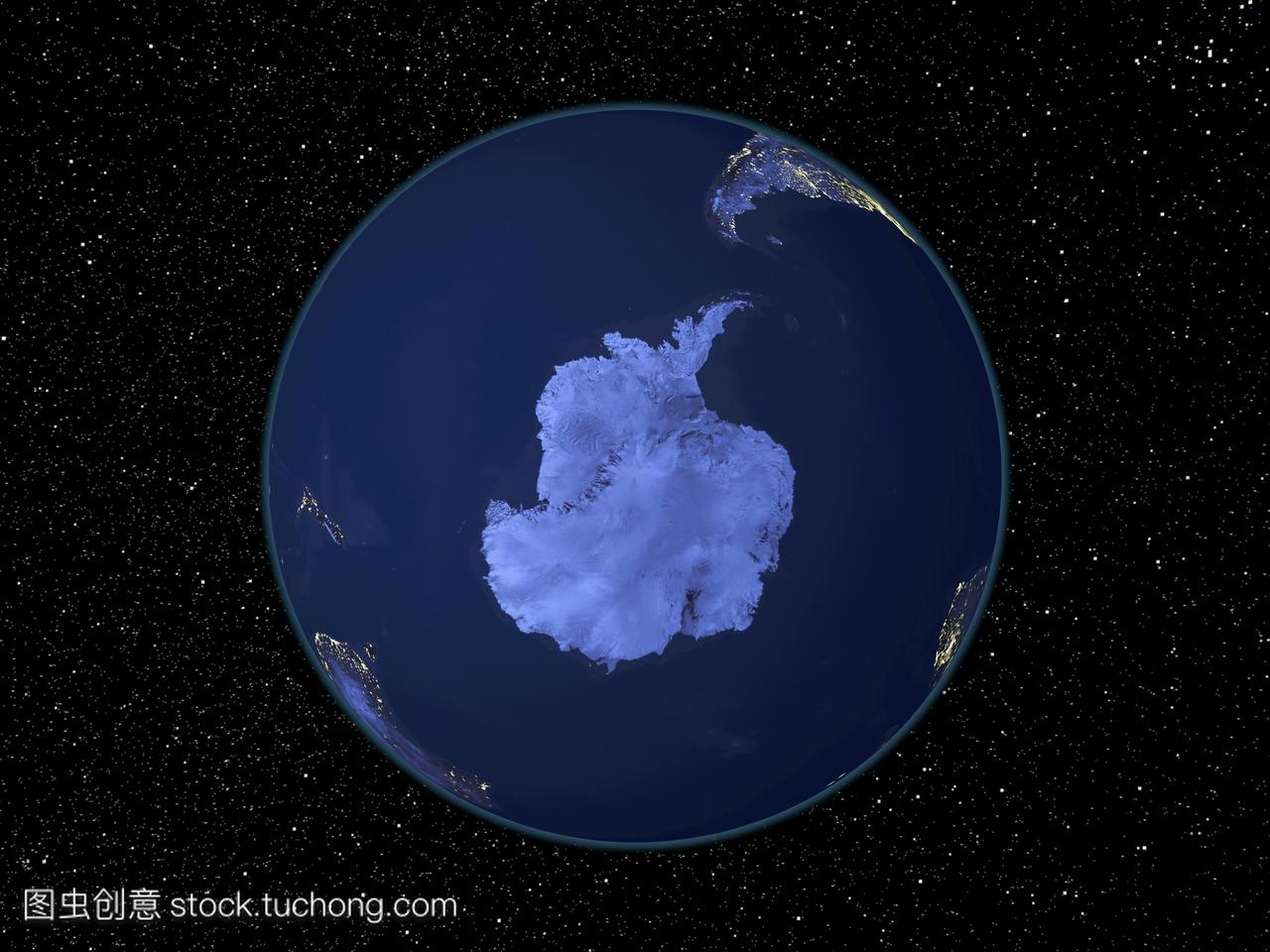 晚上南极洲。卫星图像在夜间,以恒星为背景,以