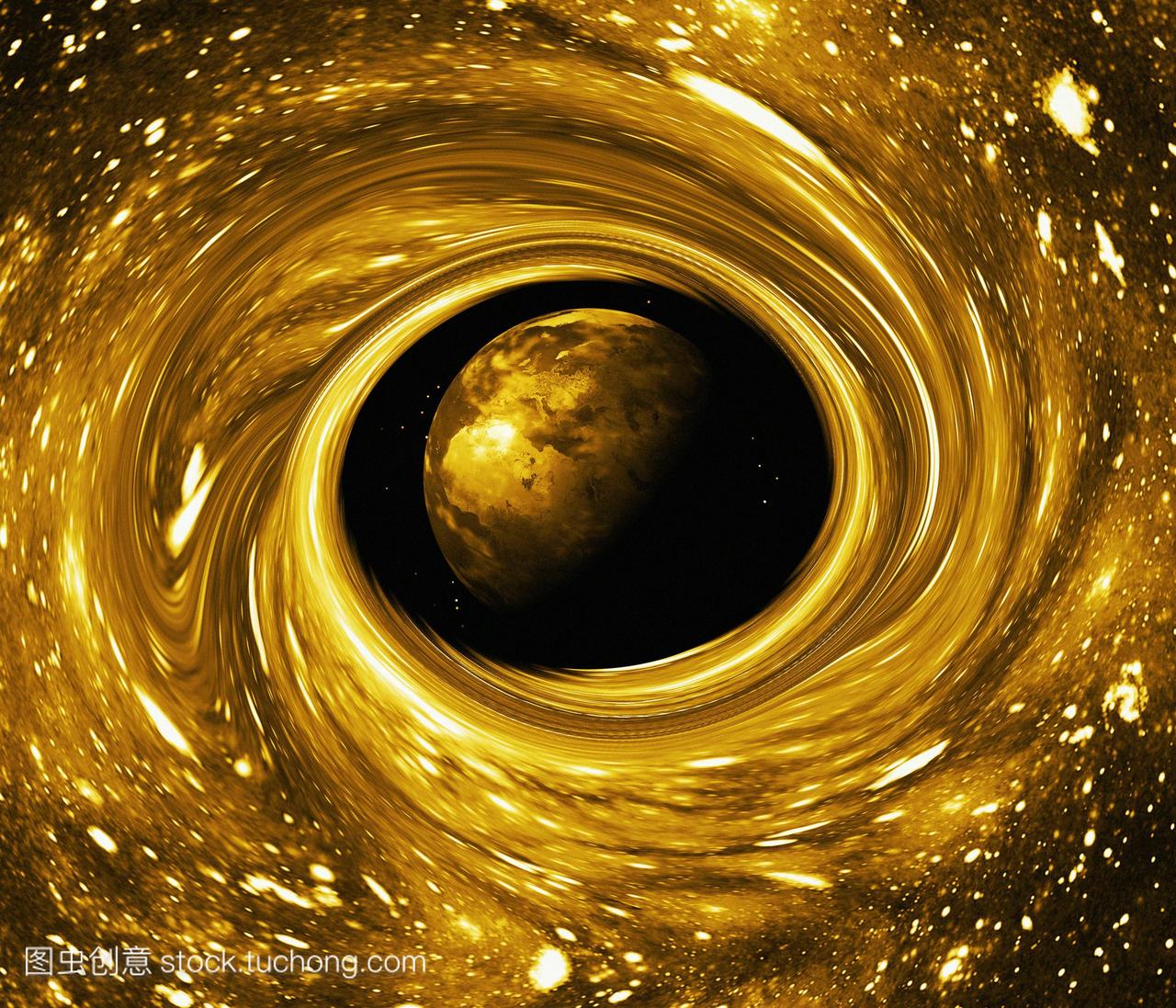 黑洞吞噬地球,电脑艺术。黑洞是一个空间的区