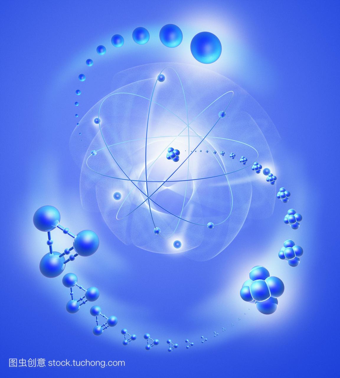 原子结构。概念的电脑绘图九电子绕核旋转中心