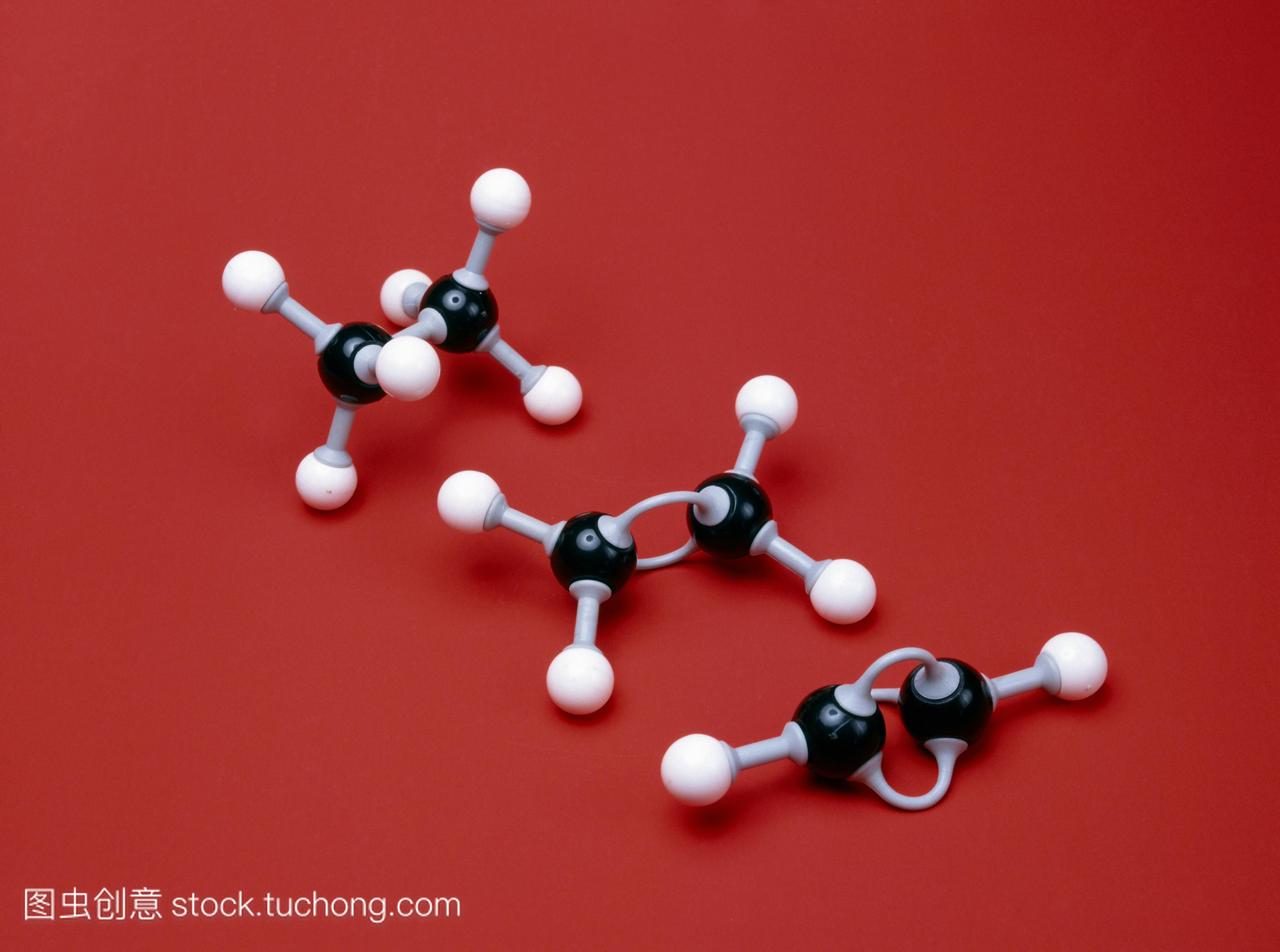 乙烷,乙烯和乙炔分子。乙烷的分子模型c2h6,上