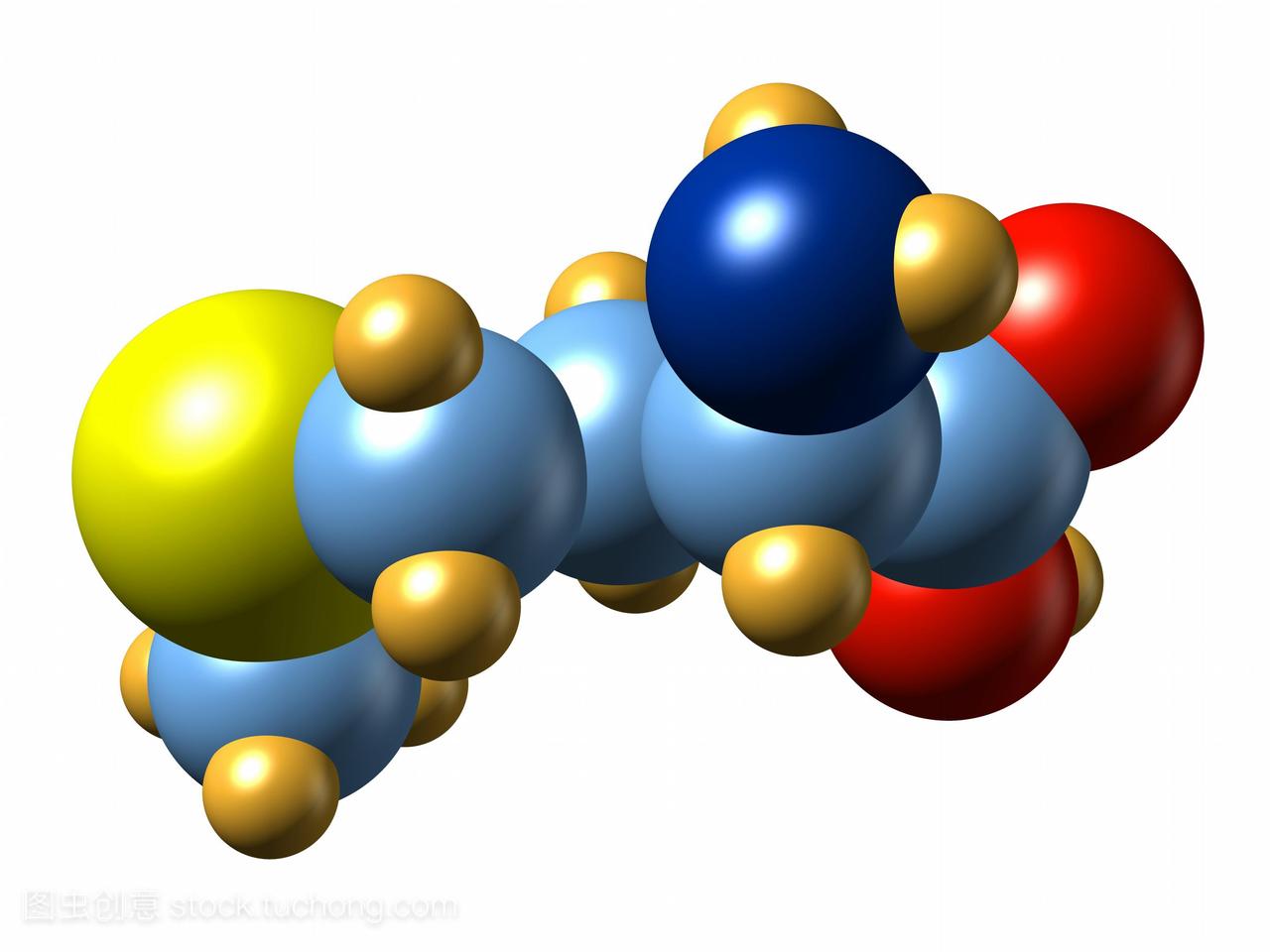 蛋氨酸。氨基酸蛋氨酸分子模型。它的化学式是