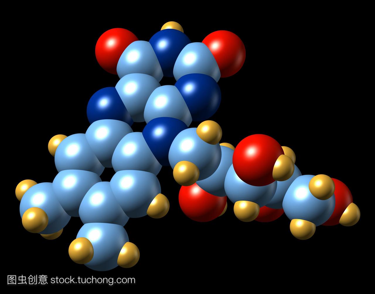 维生素B2,分子模型。维生素B2的化学公式也称
