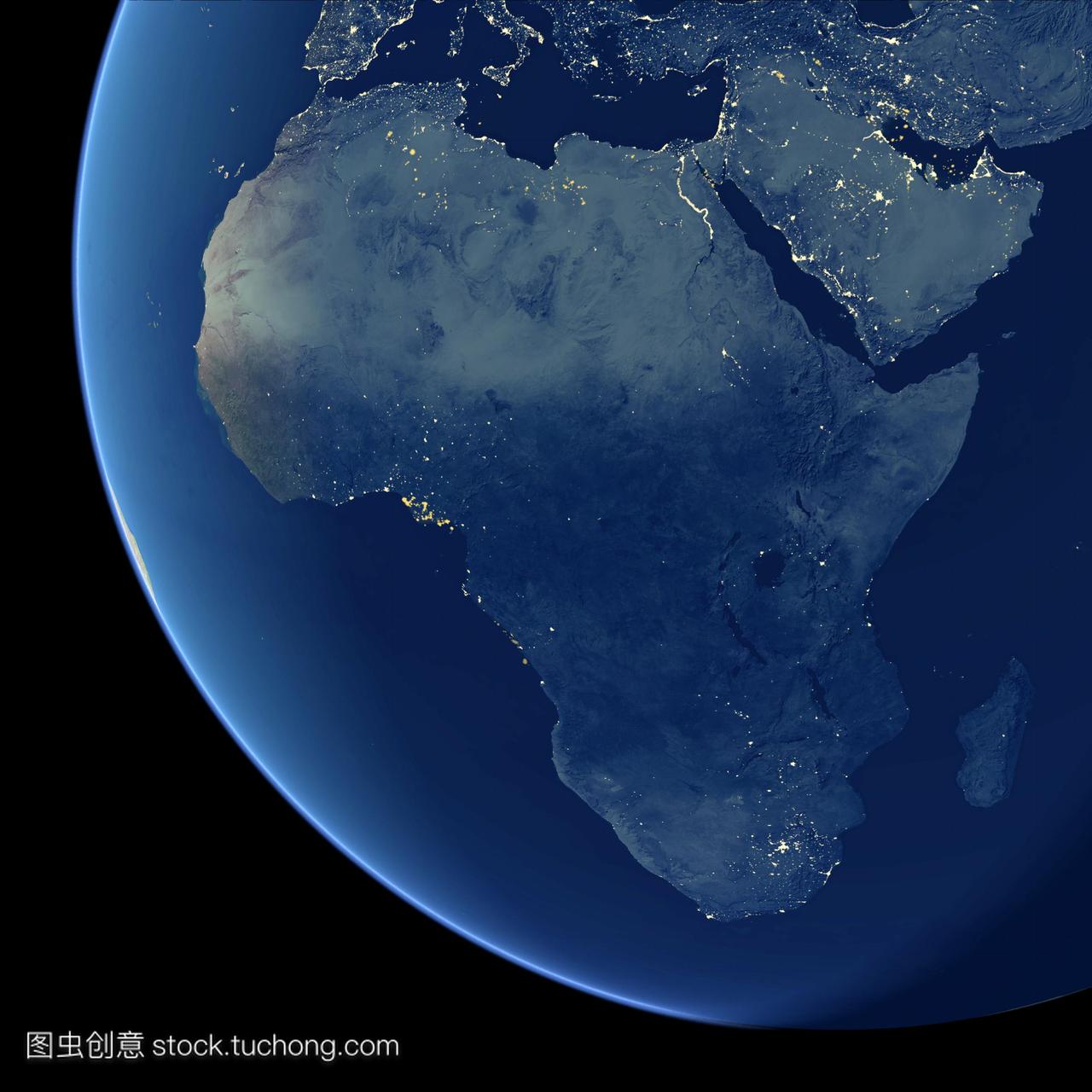 非洲在晚上卫星图像。城市之光黄色显示稠密的