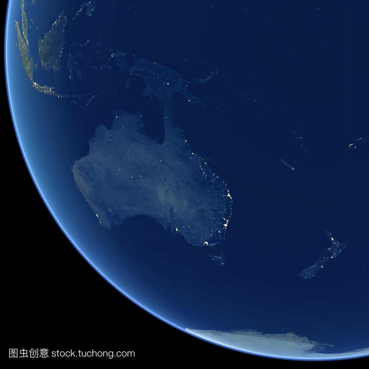 澳大利亚在晚上卫星图像。城市灯光黄色显示了