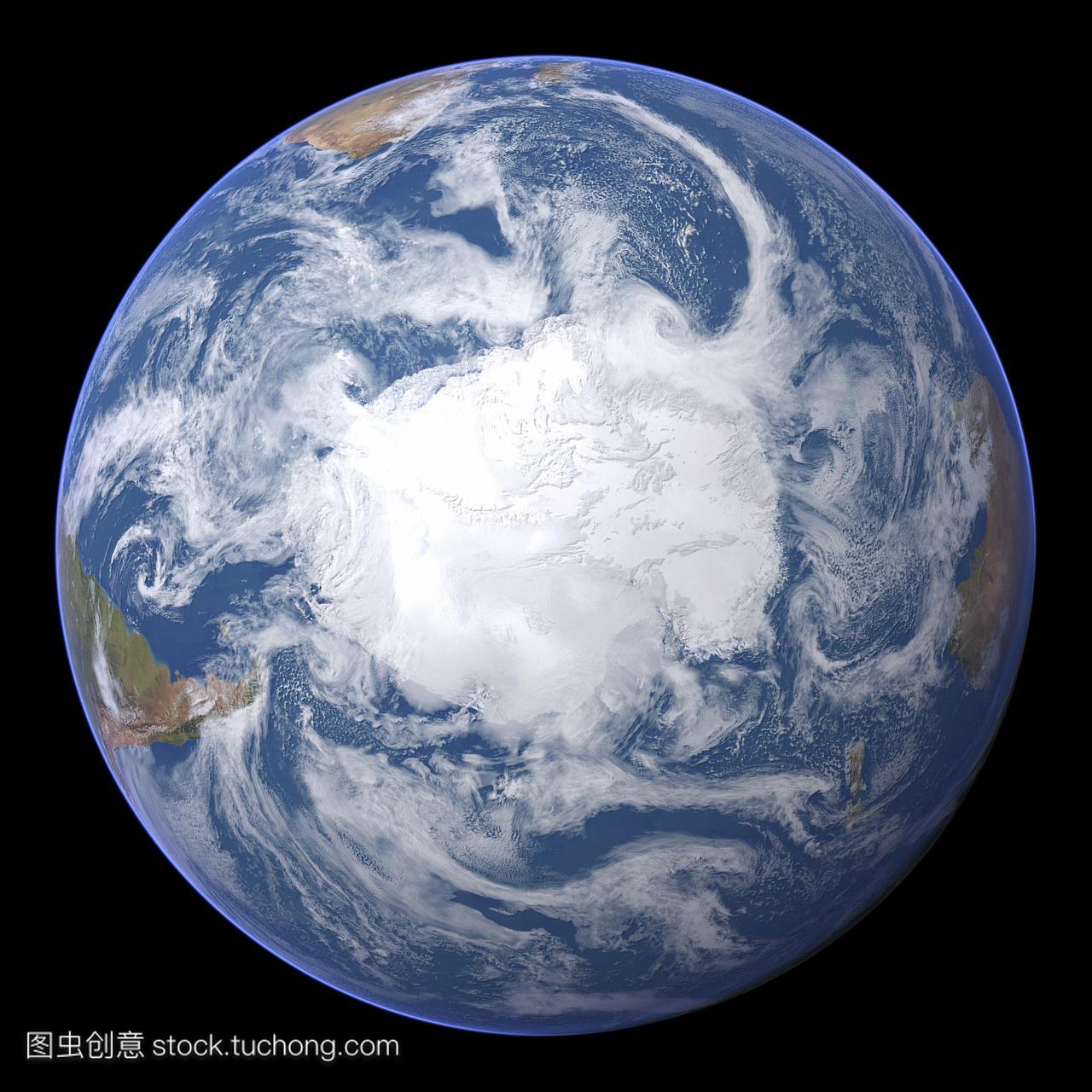南极洲。卫星图像的地球中心在南极。云和海冰