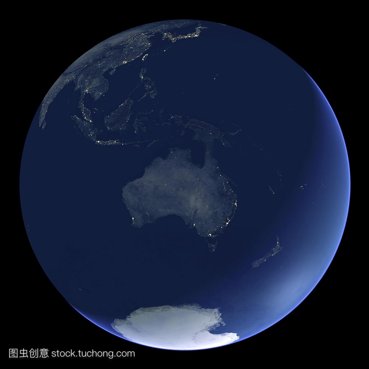 澳大利亚在晚上。卫星图像在夜间,以澳大利亚