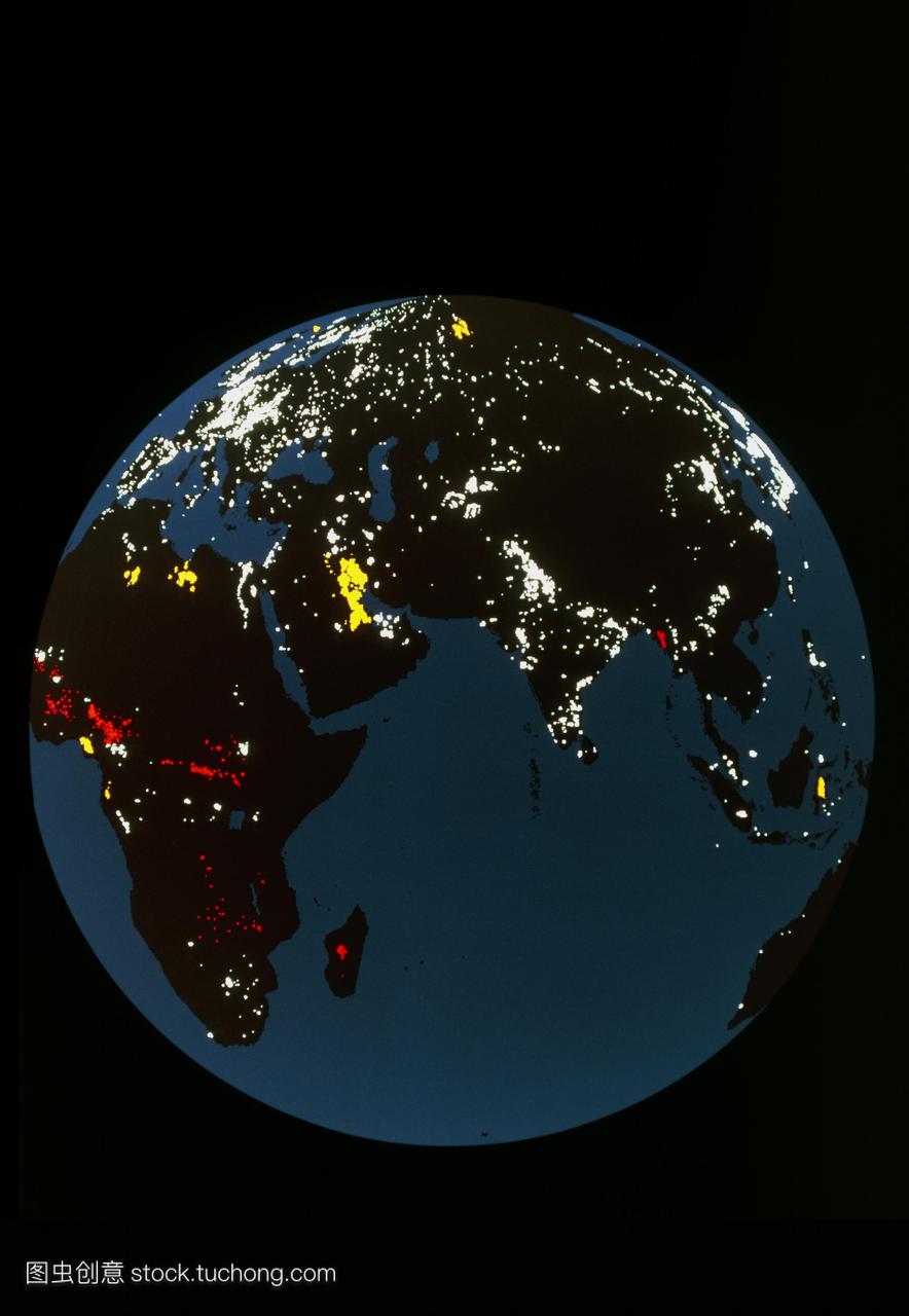 卫星图像的世界在夜间。白色区域与城市之光相